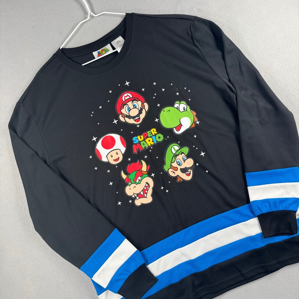 Super Mario Long Sleeve Graphic Shirt Black Blue White Stripe Isaac Morris Large